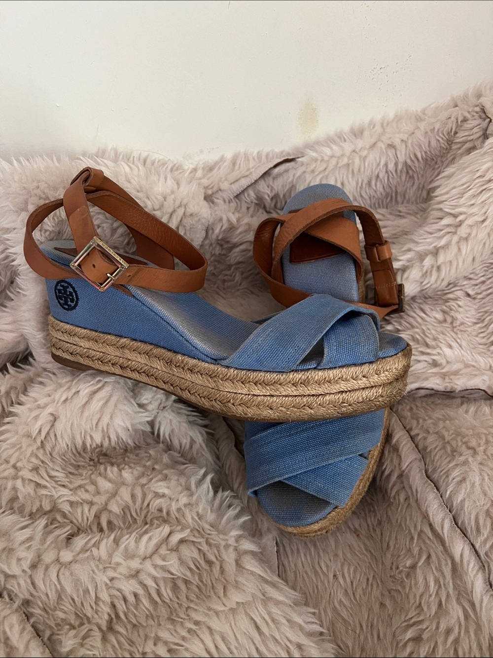 Tory Burch Blue Fabric Espadrille Wedge Sandals with Tan Straps
